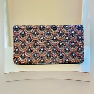 NWOT Akira Beaded Clutch Bag Gold Copper Silver Black Seedbeads Sequins Crystals